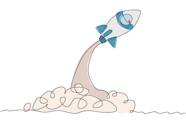 Un dibujo de una sola línea de un simple cohete vintage despega hacia la exploración de vectores del espacio ultraterrestre