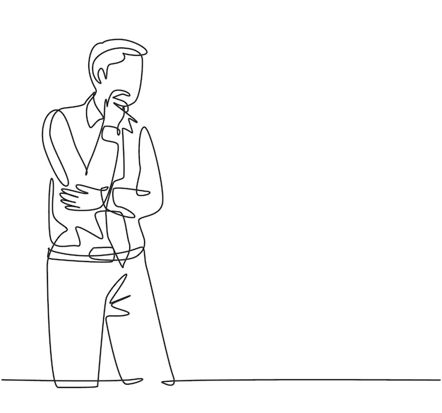 Un dibujo de una sola línea de una solución de pensamiento de enfoque de gerente masculino para los problemas de la empresa en la oficina