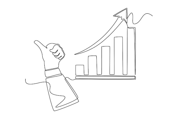 Vector dibujo de una sola línea sosteniendo los pulgares hacia arriba con la tabla de crecimiento hacia arriba concepto de economía y negocios ilustración de vector gráfico de diseño de dibujo de línea continua