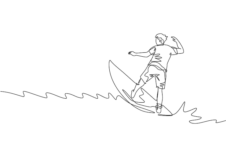 Vector un dibujo de una sola línea de un surfista deportivo cabalgando sobre grandes olas en el vector del paraíso de la playa de surf