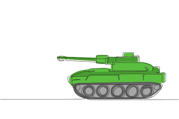 Dibujo de una sola línea Tanque de batalla de juguete para niños Tanque verde Vehículos de combate blindados Unidad de transporte militar Juguetes para niños Entretenimiento Diseño de dibujo de línea continua ilustración vectorial gráfica