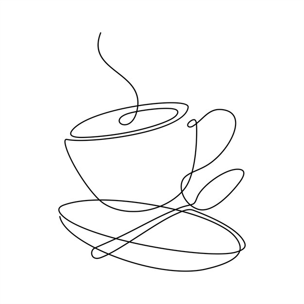 Dibujo de una sola línea de una taza, una cuchara de café y un platillo Logotipo artístico de bebidas calientes