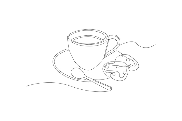 Dibujo de una sola línea taza de té y galletas Concepto de actividad del hotel Ilustración de vector gráfico de diseño de dibujo de línea continua