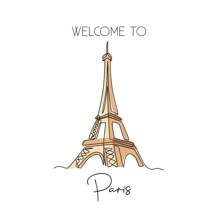 Vector dibujo de una sola línea de la torre eiffel, decoración de pared, cartel, arte, lugar icónico en parís, francia