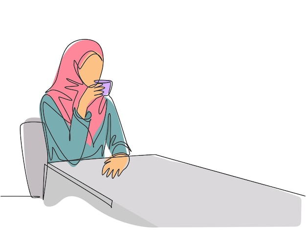 Un dibujo de una sola línea de una trabajadora musulmana disfrutando de una taza de café en un vector de cafetería