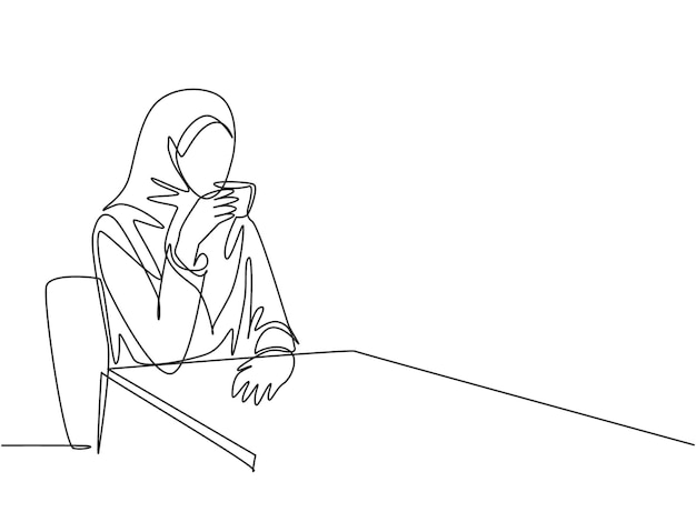 Un dibujo de una sola línea de una trabajadora musulmana disfrutando de una taza de café en un vector de cafetería