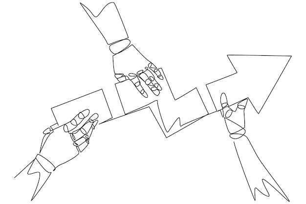 Dibujo de una sola línea de tres manos robóticas cada una de las cuales sostiene un vector de diseño de punta de flecha direccional