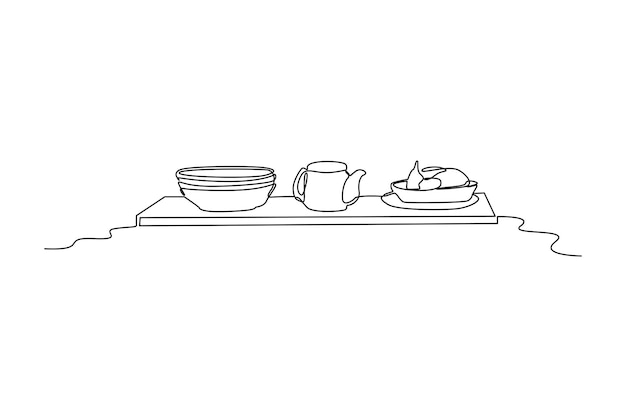 Un dibujo de una sola línea de vajilla concepto de herramientas de cocina minimalista diseño de dibujo de línea continua dinámica ilustración vectorial gráfica