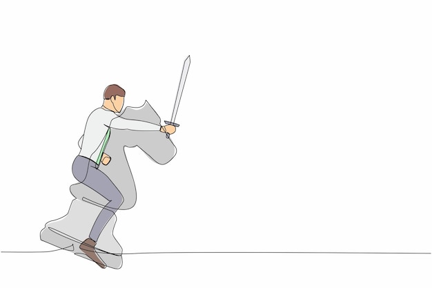 Un dibujo de una sola línea de un valiente hombre de negocios montando un caballo pieza de ajedrez con espada estrategia de negocios