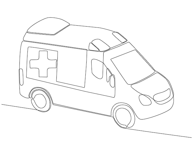 Dibujo de una sola línea del vehículo de ambulancia del hospital para rescatar a pacientes críticos