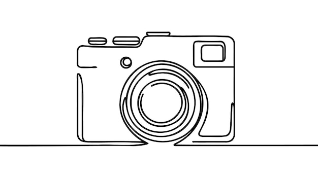 Un dibujo de una sola línea de una vieja cámara SLR analógica retro con lente telefoto