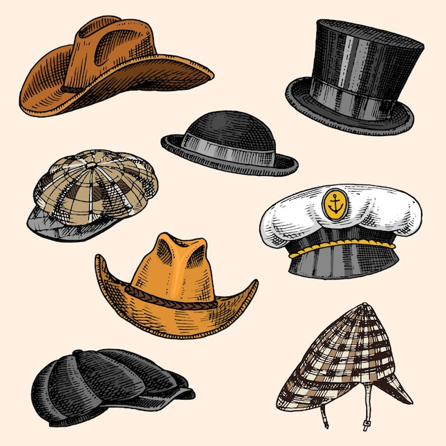 Vector un dibujo de sombreros incluyendo uno que dice 