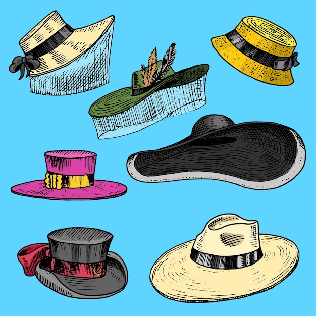 Vector un dibujo de sombreros y sombreros con sombrero.