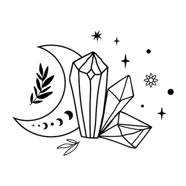 Dibujo de tatuaje de luna de cristal Cristales celestiales mágicos lindos estrellas hojas Elemento gráfico de fase lunar mística