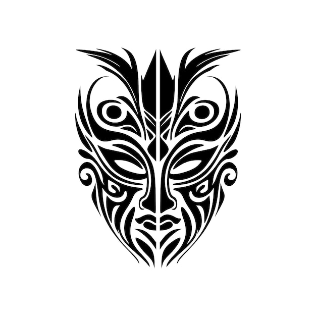 Dibujo de tatuaje vectorial de una máscara de dios polinesio en blanco y negro