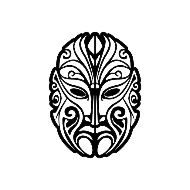 Dibujo de tatuaje vectorial de una máscara de dios polinesio en blanco y negro