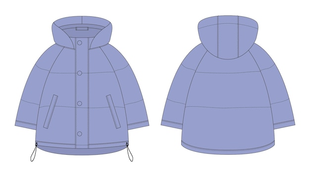 Dibujo técnico de abrigo de plumón de invierno de plumón de raglán de gran tamaño Color azul fresco Plantilla de diseño de chaqueta acolchada para mujer
