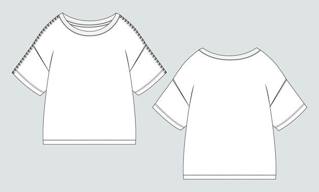 Dibujo técnico de camiseta Plantilla de ilustración de vector de boceto plano de moda para damas
