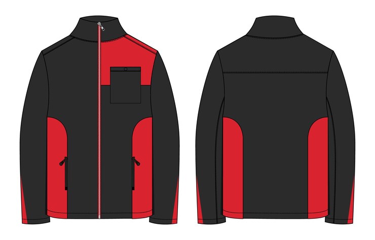 Dibujo técnico de chaqueta, dibujo de moda, boceto plano, ilustración vectorial, dos tonos, plantilla de color negro y rojo.