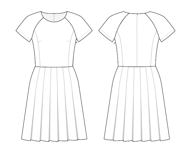 Dibujo técnico de moda de vestido con falda plisada