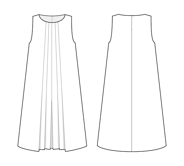 Dibujo técnico de moda del vestido sin mangas de una línea con pliegues.