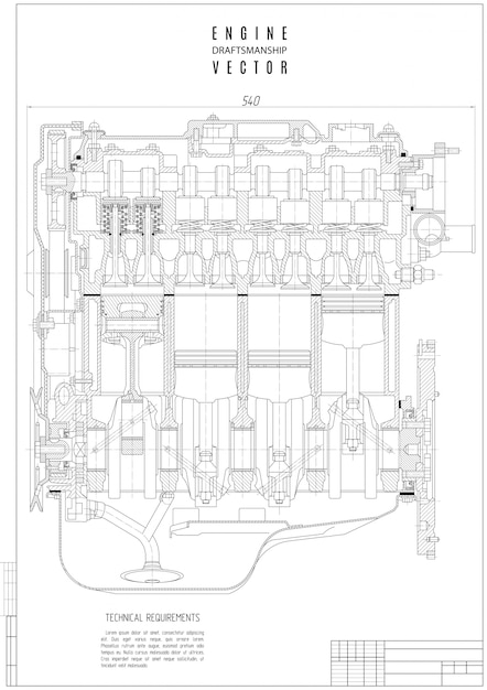 Dibujo técnico del motor de combustión interna sobre el fondo blanco, proyecto de construcción o plano aislado con bastidor vertical
