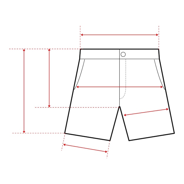 Dibujo técnico de pantalones cortos con puntos de medición y tabla de tamaños