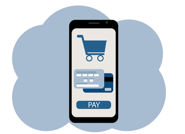 Dibujo de un teléfono móvil vectorial. Compras online en la pantalla. Se muestran el carrito, la tarjeta de crédito y el botón de pago
