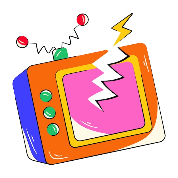 Un dibujo de un televisor con la pantalla rota y un rayo en él.