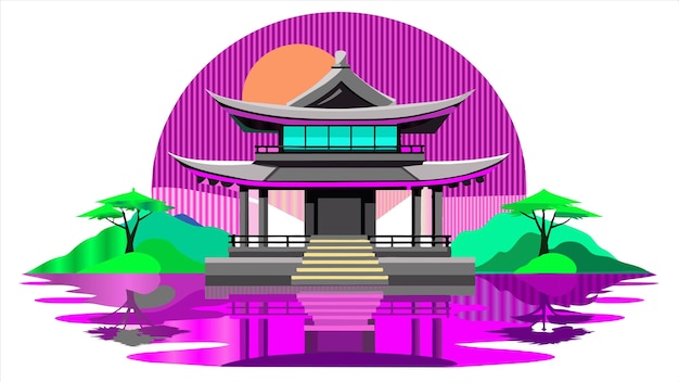 un dibujo de un templo con un árbol en el fondo