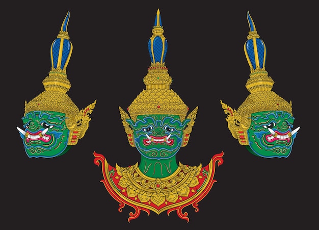Vector un dibujo de un templo con una cabeza verde y una cabeza azul y verde