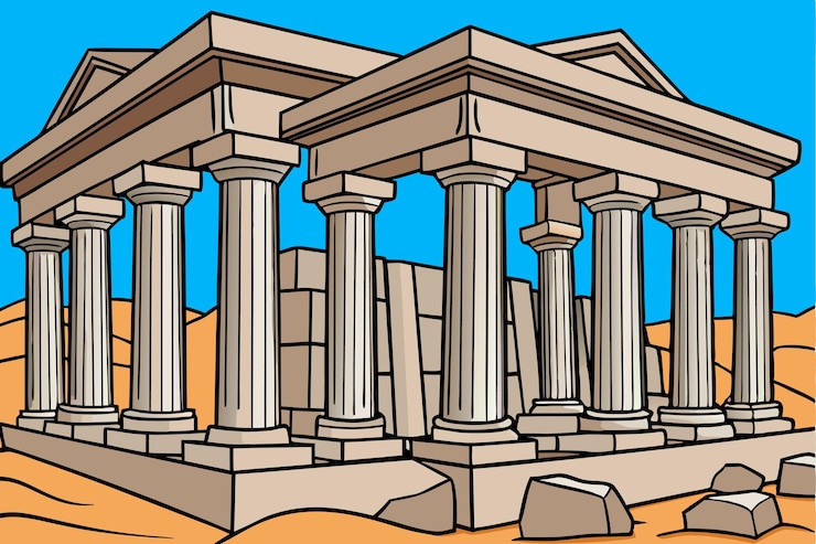 Vector un dibujo de un templo con columnas y un fondo azul