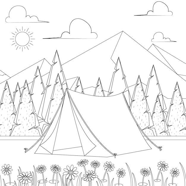 un dibujo de una tienda con un sol y árboles en el fondo páginas para colorear para adultos y niños