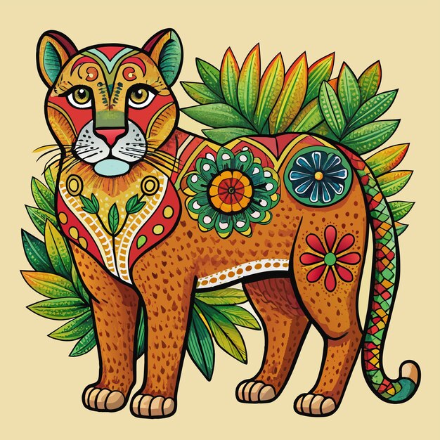 Vector un dibujo de un tigre con flores y un tigre en él