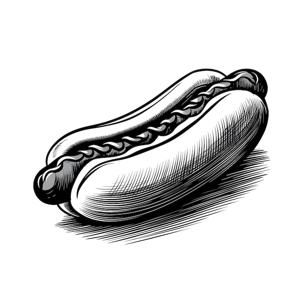 Dibujo en tinta de lápiz vectorial de perrito caliente estilo de grabado monocromático en blanco y negro