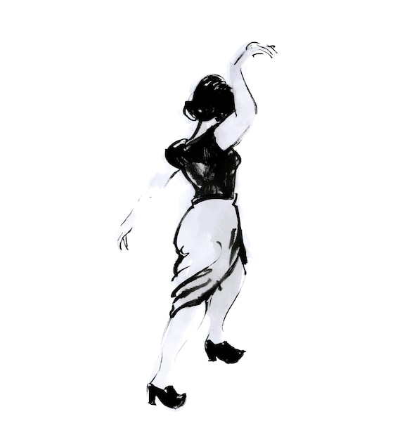 Dibujo a tinta de mujer bailando ilustración en blanco y negro de bailarina de swing retro de pose elegante chica