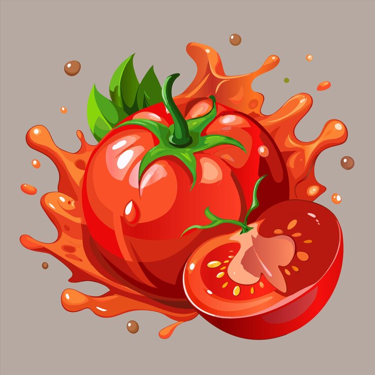 Vector un dibujo de un tomate y una fresa con un corazón en el fondo