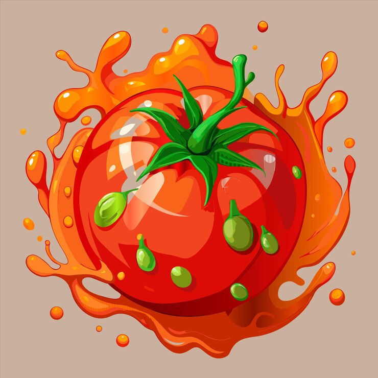 Vector un dibujo de un tomate con hojas verdes en él