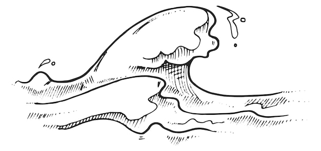 Vector dibujo de una tormenta oceánica esbozo de la curva de las olas de marea