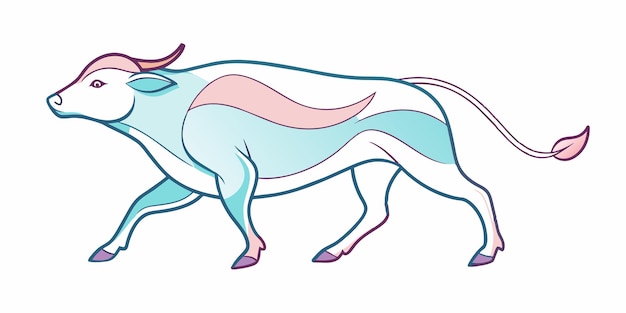 un dibujo de un toro con una cola rosa y azul