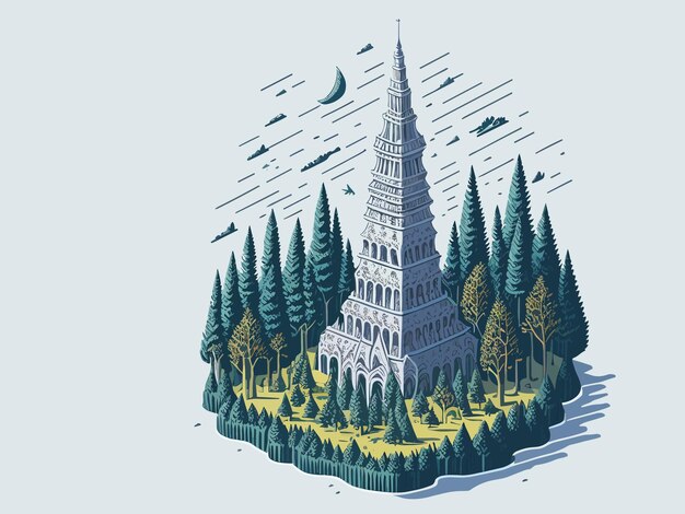 Vector un dibujo de una torre en un bosque con la luna sobre ella.