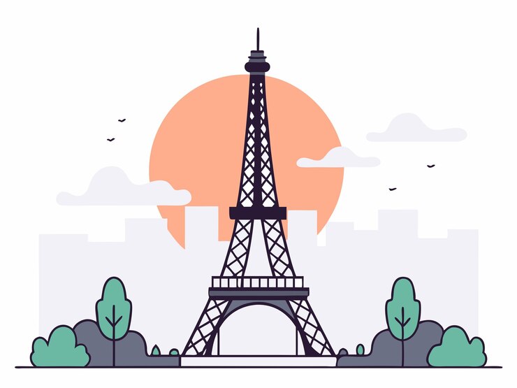 Vector un dibujo de una torre con el sol detrás de ella