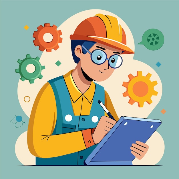 un dibujo de un trabajador con una camisa azul y un plano