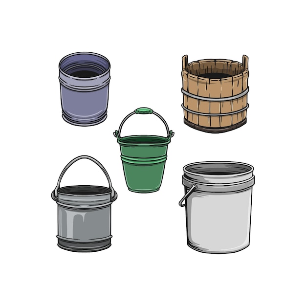 un dibujo de tres cubos con un mango y un cubo de madera marrón