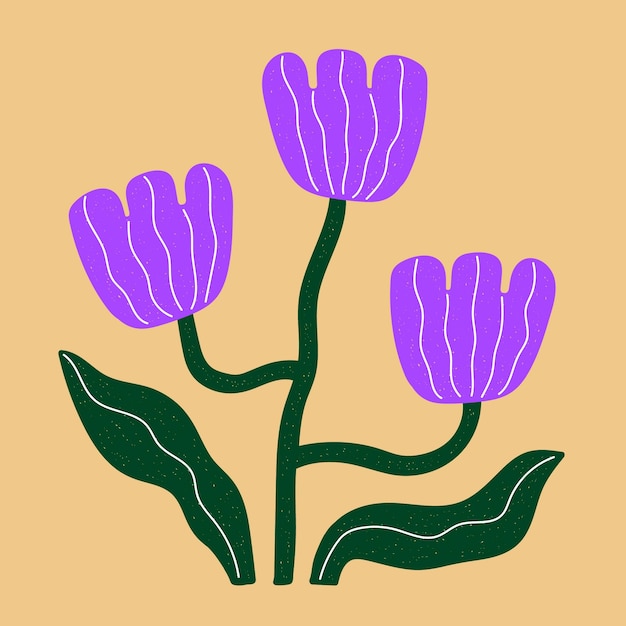 Un dibujo de tres flores moradas con hojas verdes.