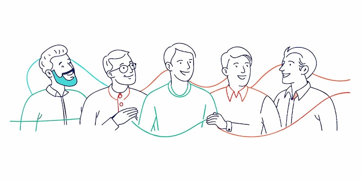 Vector un dibujo de tres hombres y una mujer tomados de la mano