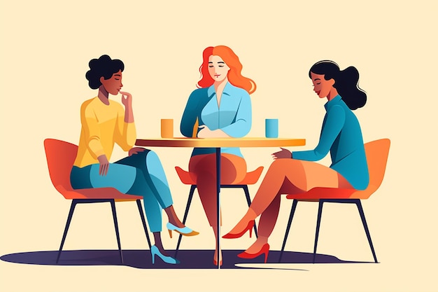 un dibujo de tres mujeres sentadas en una mesa con tazas de café