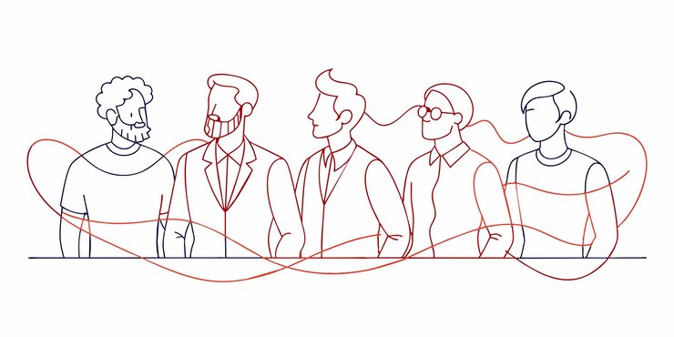 Vector un dibujo de tres personas en trajes y un círculo rojo