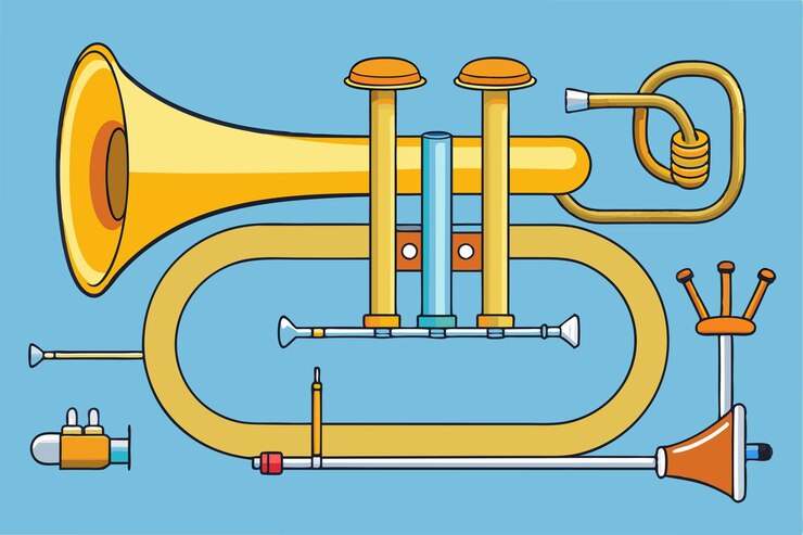 Vector un dibujo de una trompeta con un fondo azul con una banda roja