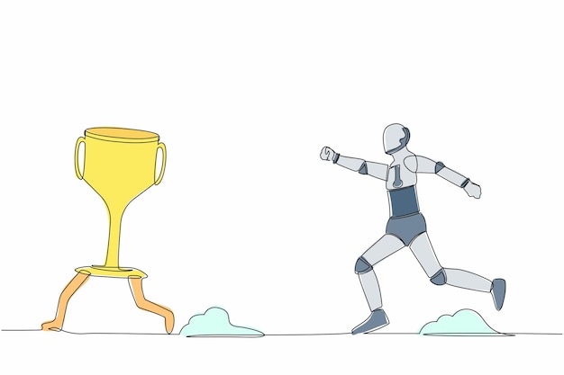 Dibujo de una única línea continua de un robot intentando atrapar y persiguiendo un trofeo de ganador fugitivo